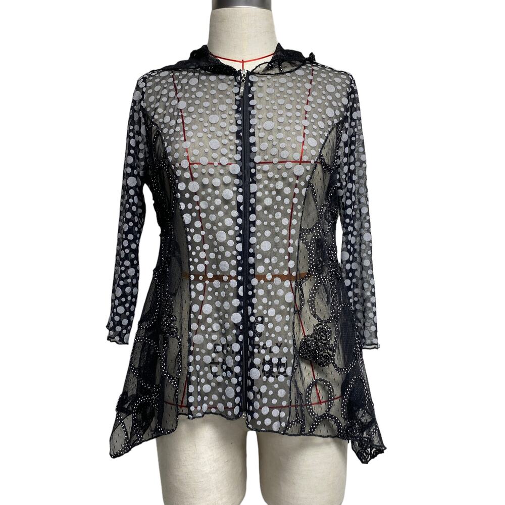Vine Street Womens Size S Sheer Mesh Polka Dot 3/4 Sleeve Cardigan